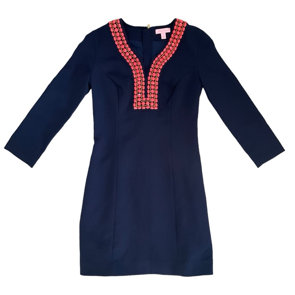 Lilly Pulitzer Bennett Mini Sheath Dress Navy Blue Coral Beaded Jewels - Picture 3 of 16